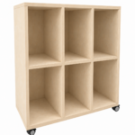 6 Hole Bag Unit in Raw Birchply with six open compartments and lockable castors