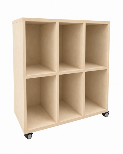 6 Hole Bag Unit in Raw Birchply with six open compartments and lockable castors