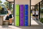 Combi Lockers in lime green, purple and blue installed in a school courtyard