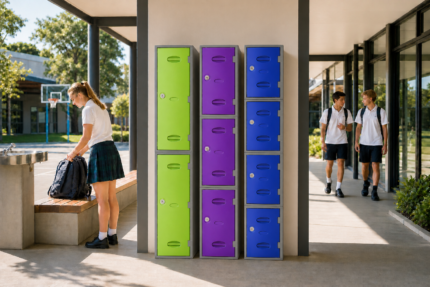 Combi Lockers in lime green, purple and blue installed in a school courtyard