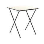 Fold exam table with black frame and white top, folded flat for storage