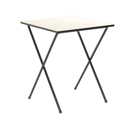 Fold exam table with black frame and white top, folded flat for storage