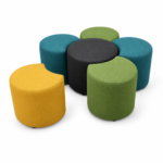 Sunflower modular seating in teal, green and mustard woven education fabrics – indicative render