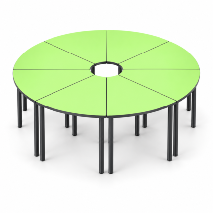Eight lime-green Wedge Tables joined in a circular arrangement with charcoal legs