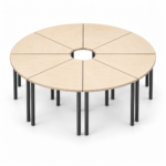 Eight Raw Birchply Wedge Tables joined in a circular arrangement with charcoal legs