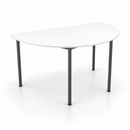 Half Round table in White 200 with an 18 mm top, matching ABS edging and slim charcoal legs