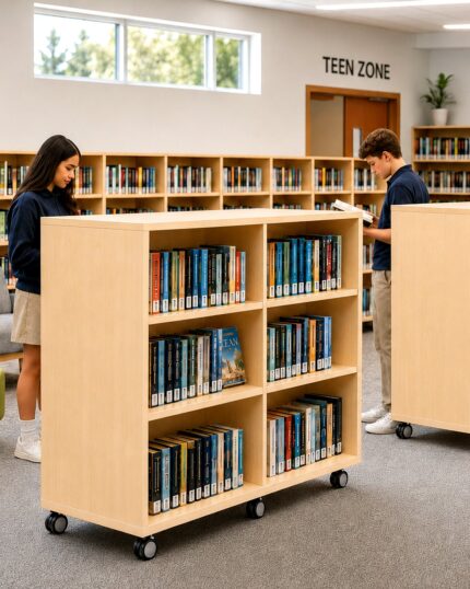 Mobile double sided shelving unit in a classroom setting