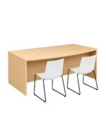 Core Bow Front Desk rear view showing bow-shaped worktop in maple laminate