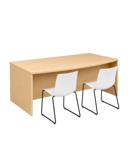 Core Bow Front Desk rear view showing bow-shaped worktop in maple laminate