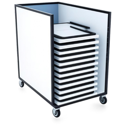 Fold Exam Table Storage Trolley holding a stack of folded Fold exam tables