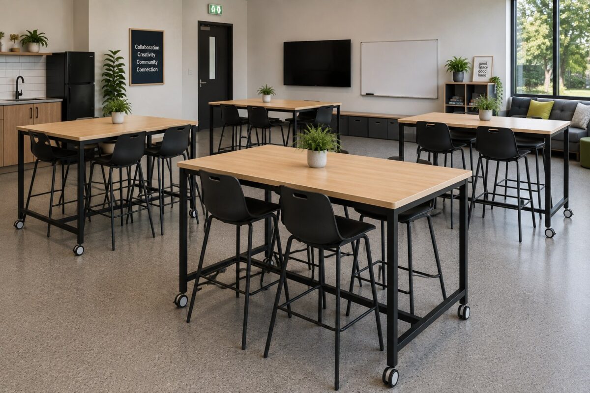 H-Base Mobile tables with stools in a staff collaboration space