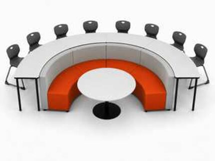 Ovo Modular Setting half circle configuration with curved tables, centre table and eight chairs