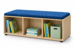 Cubby Buddies 1200 mm storage bench with three open cubbies, oak-look melamine and blue upholstered seat