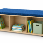 Cubby Buddies 1200 mm storage bench with three open cubbies, oak-look melamine and blue upholstered seat