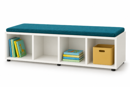 Cubby Buddies 1600 mm storage bench with four open cubbies, white melamine and teal upholstered seat
