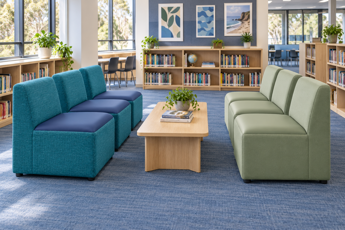 Six Modular Backrest Lounge modules in teal and sage arranged in a school library