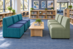 Six Modular Backrest Lounge modules in teal and sage arranged in a school library